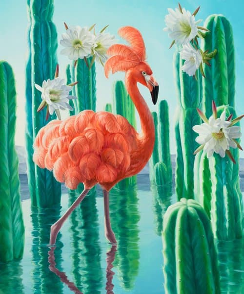 Vibrant flamingo standing among tall green cacti and blooming white flowers in a lush, tropical landscape. Bright colors and artistic style highlight nature and wildlife themes.