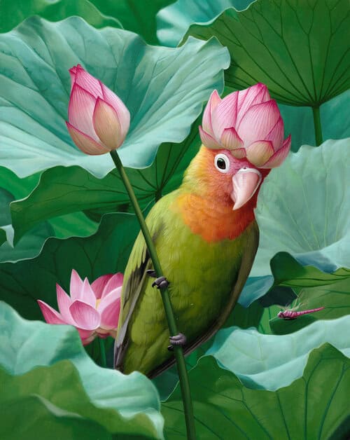 Beautiful digital artwork of a colorful bird with a pink lotus flower crown among lush green lotus leaves, showcasing vibrant tropical flora and detailed artistry.