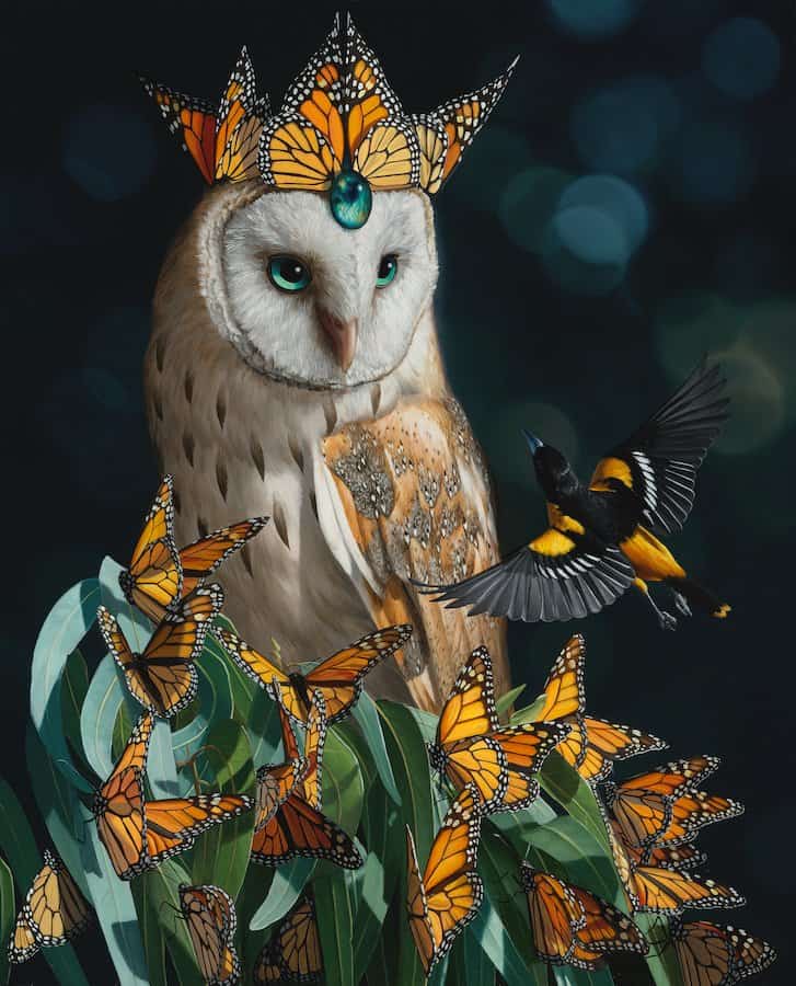 Vivid digital artwork featuring an owl wearing a monarch butterfly crown, surrounded by numerous monarch butterflies and a small bird in flight, set against a dark, mystical background.