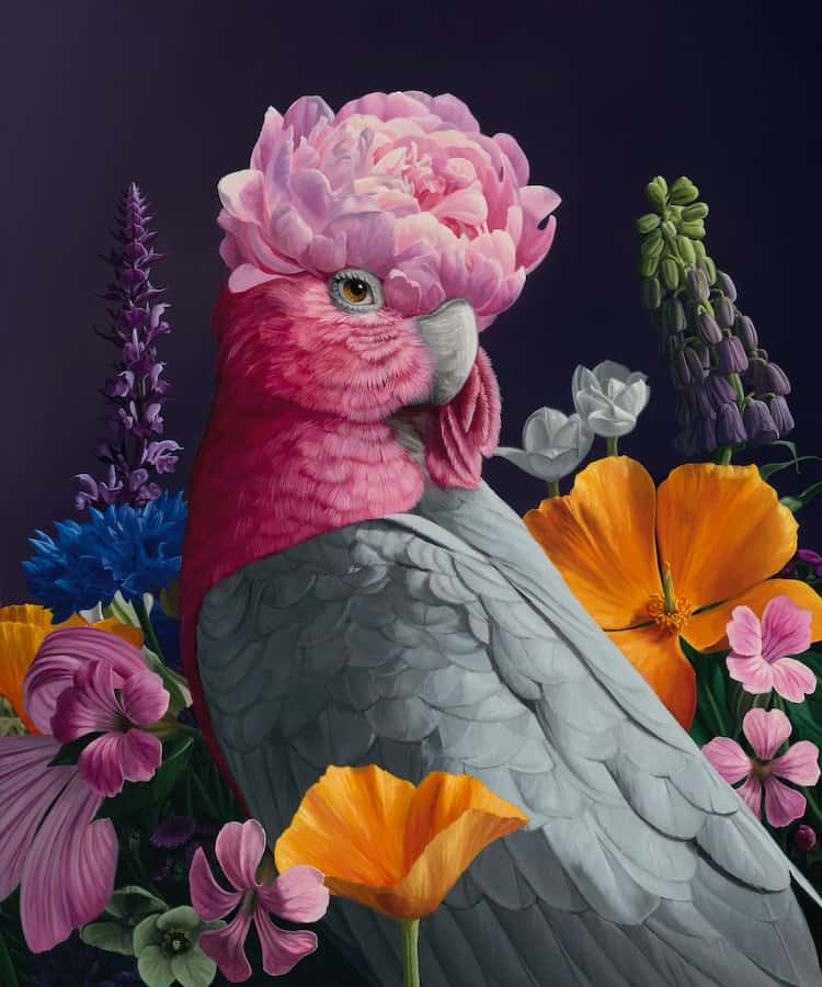 Pink parrot with peony flower head surrounded by vibrant flowers and lush greenery, surreal art piece, colorful botanical illustration, artistic depiction of exotic bird and floral arrangement, modern art, Visual Arts Passage.