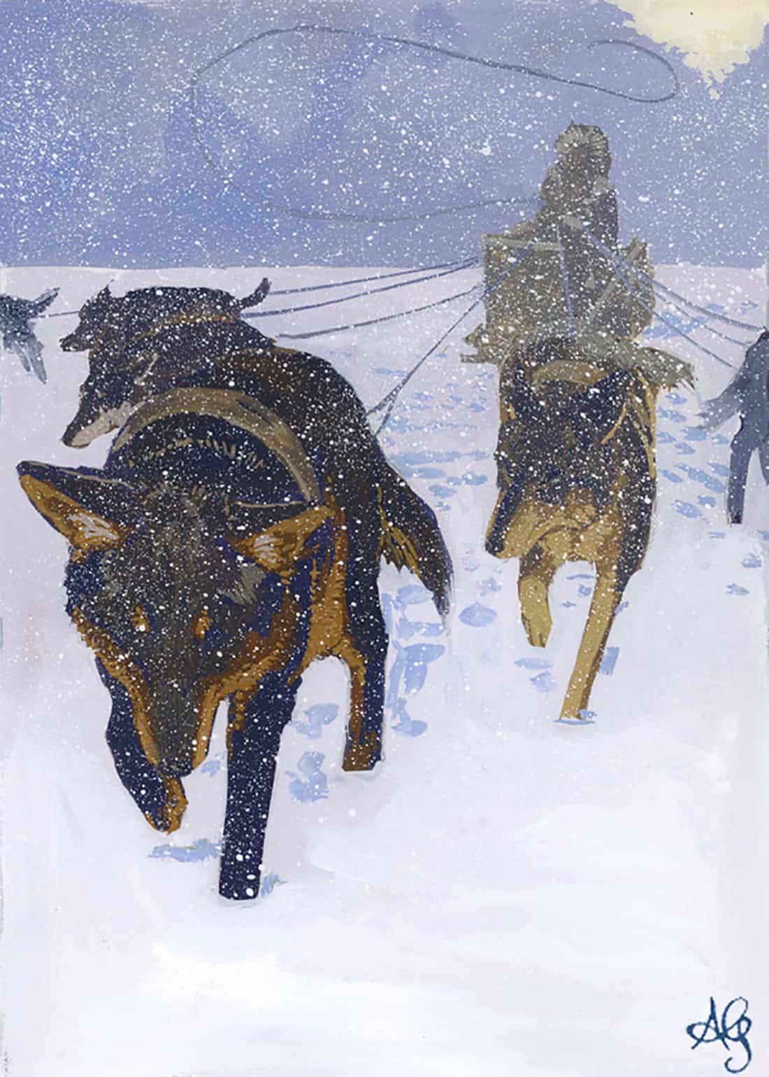 Snow-covered sled dogs pulling a sled through a winter landscape at Visual Arts Passage, showcasing contemporary winter art and dog sledding imagery.