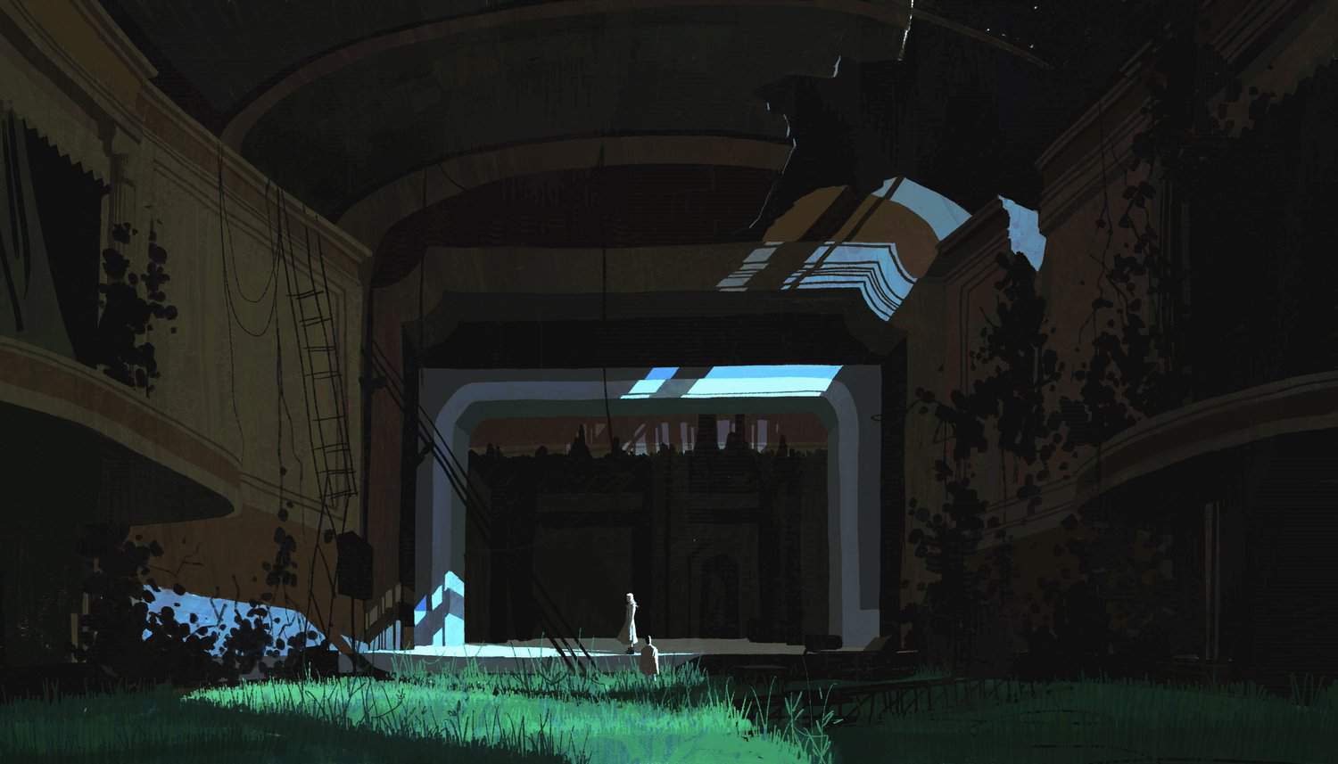 An abandoned theater with overgrown grass and a mysterious atmosphere, showcasing artistic digital illustration of visual arts passage, blending architecture and nature in a captivating scene.