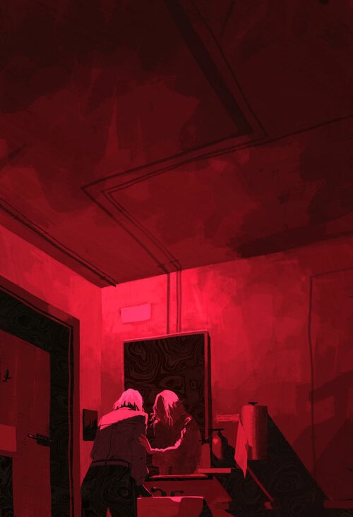 A digital art scene of two women in a red-tinted room, engaging with a mirror or reflective surface, with artistic and vibrant lighting effects.