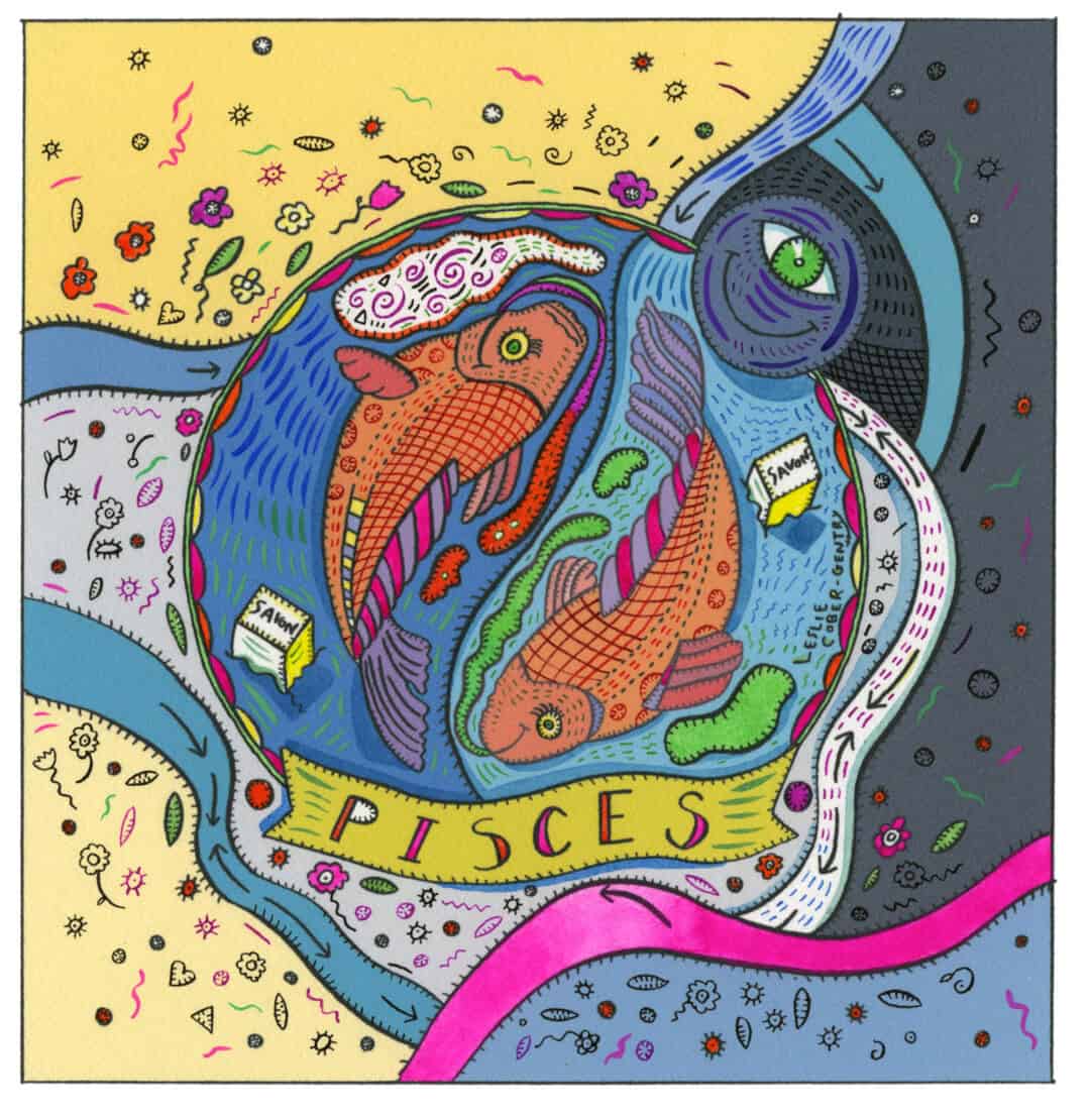 Colorful abstract illustration of two fish swimming in a pond with surrounding natural elements, vibrant and whimsical art inspired by nature and fantasy themes for visual arts lovers.