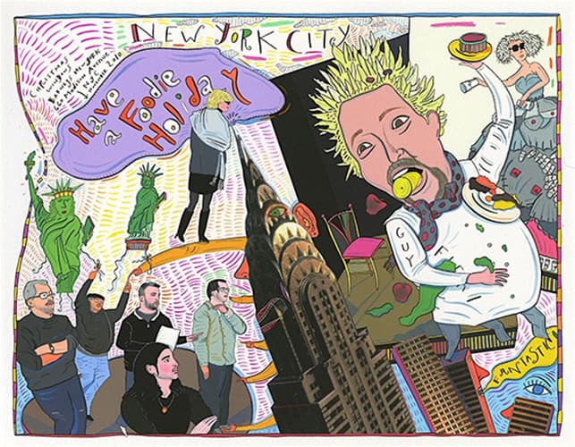 Vibrant contemporary art mural featuring New York City skyline, Statue of Liberty, and whimsical characters promoting food and fun, exemplifying urban art culture and creative expression.