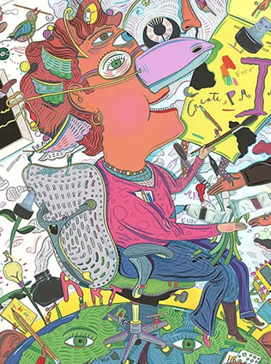 Vibrant abstract artwork depicting a creative individual with multiple artistic elements and colorful illustrations, representing contemporary art and innovative design.