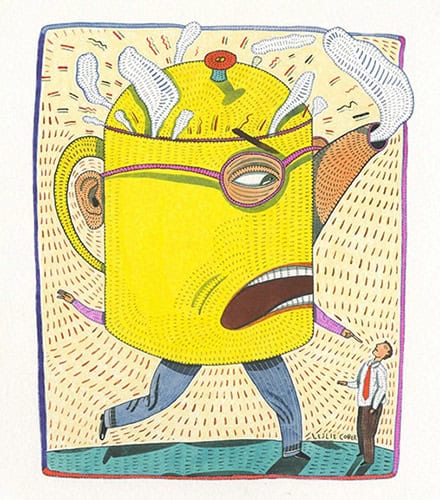 Colorful abstract art depicting a yellow coffee mug character with exaggerated features and a small man in a suit walking nearby, representing modern pop art and contemporary visual arts themes.