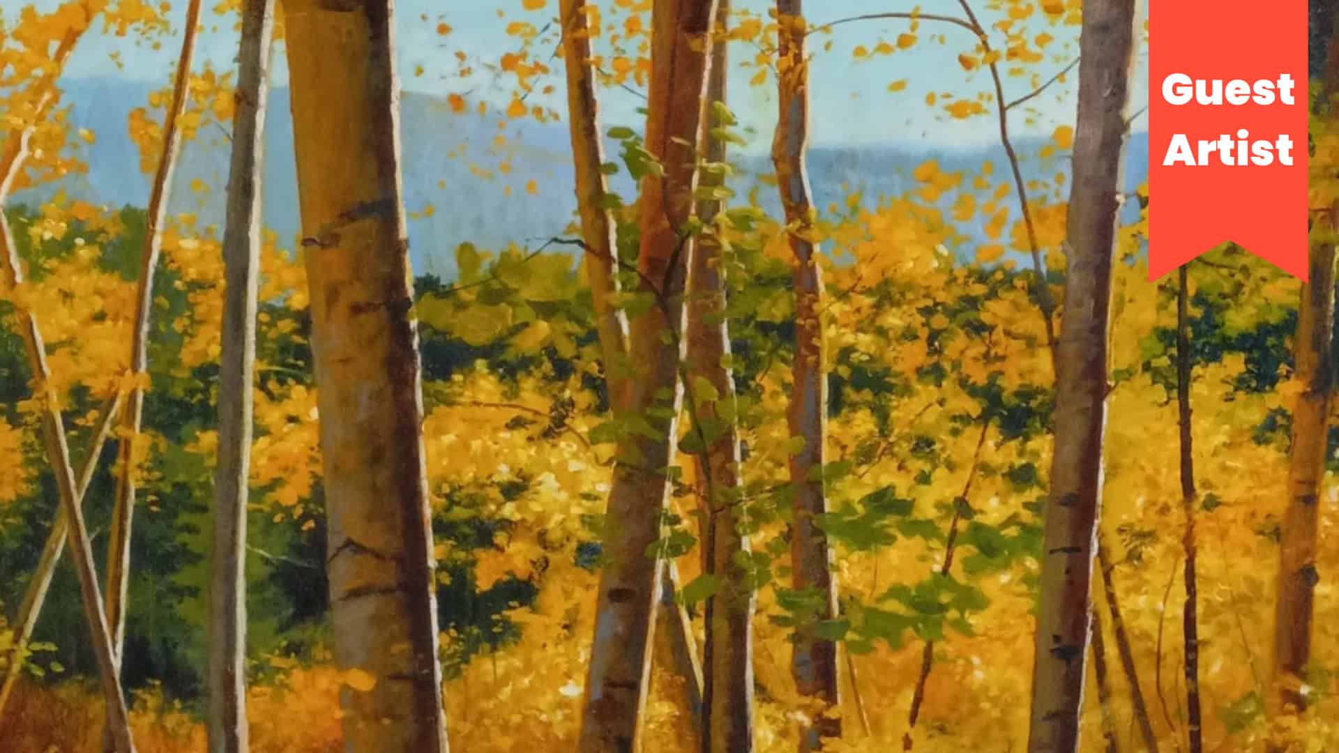 Bright autumn forest scene with tall, slender trees and vibrant yellow-orange leaves, capturing the essence of fall scenery and nature's seasonal transformation.