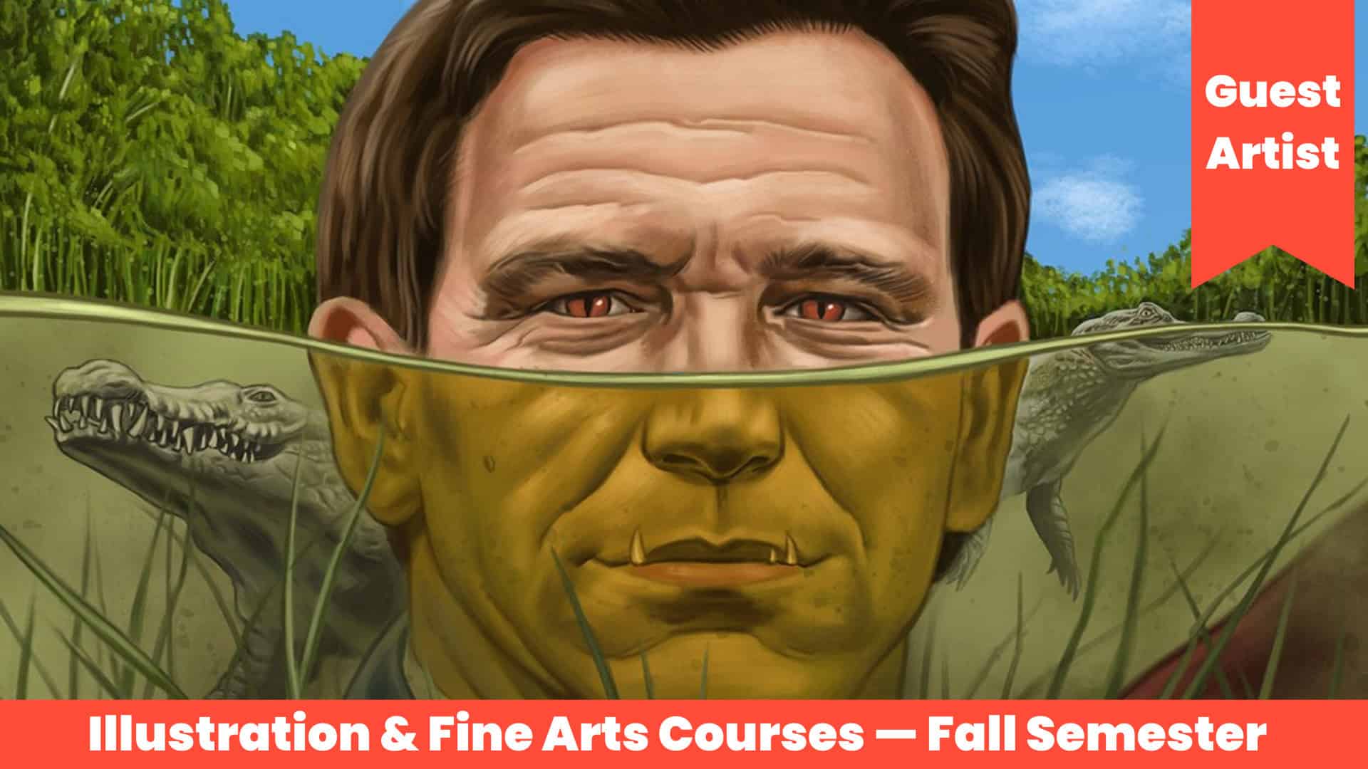 A surreal illustration featuring a man's face partially submerged in water, with crocodiles visible beneath the surface, highlights fantasy art and imaginative digital illustration. The scene emphasizes creativity and fine arts courses.