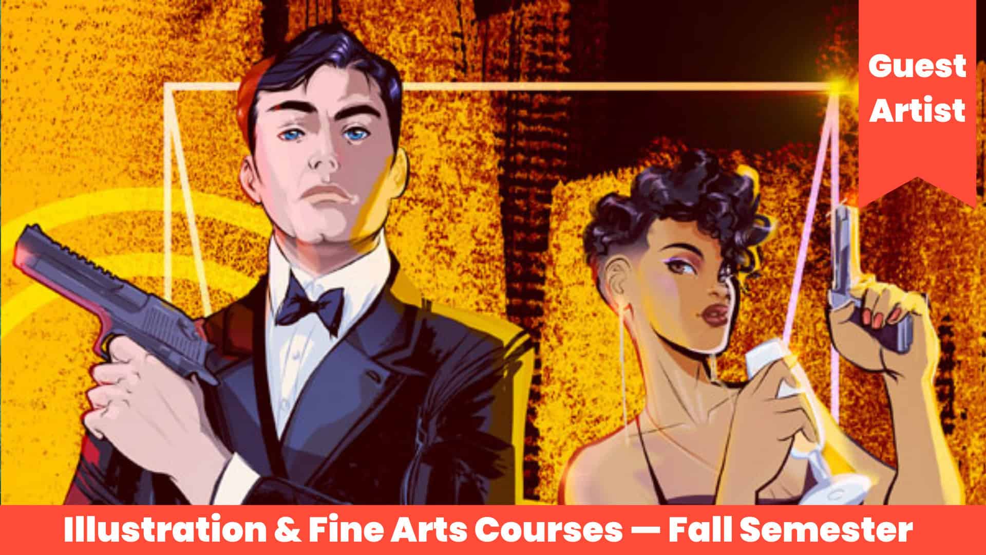 Gun-wielding man in tuxedo and woman with wine glass and pistol depicted in vibrant, comic-style illustration promoting visual arts courses for fall semester at Visual Arts Passage.