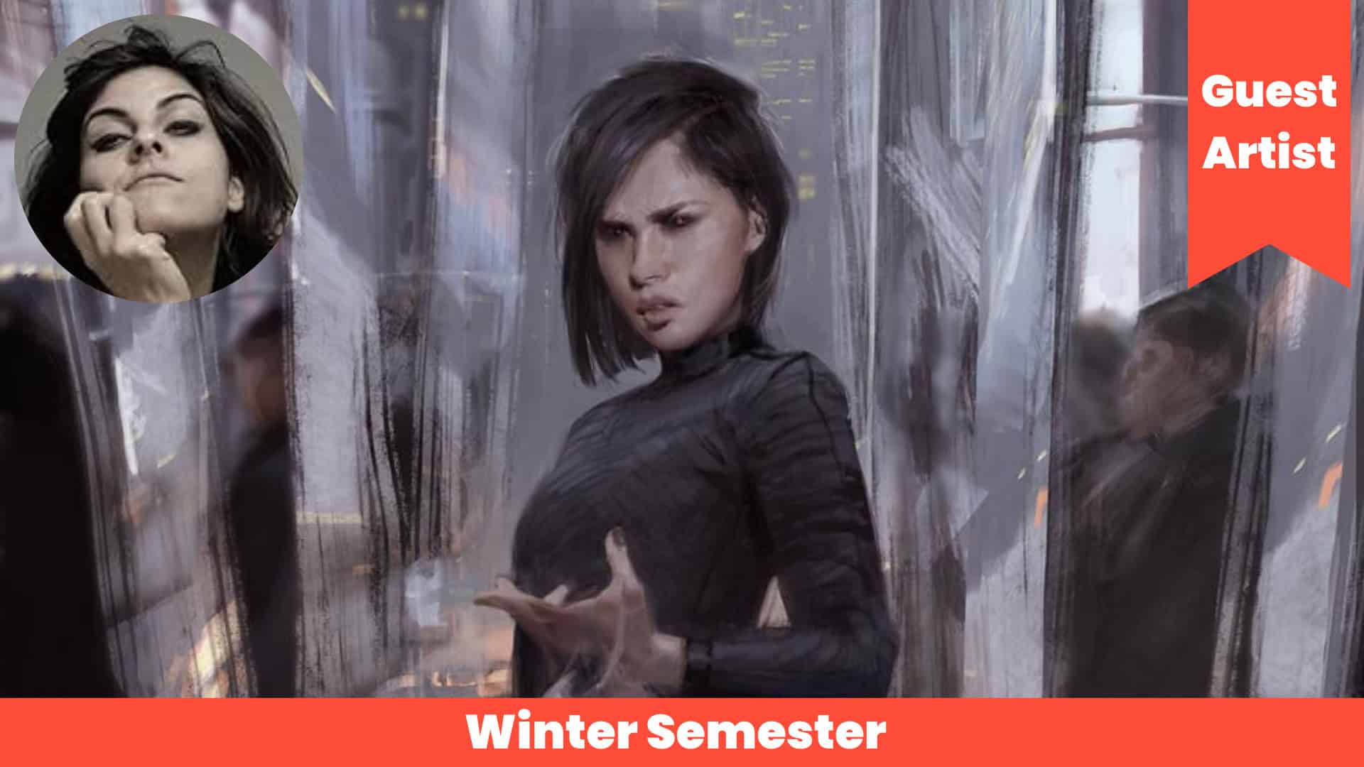 High-contrast contemporary artwork featuring an intense female figure with dark hair in a black outfit, set against an abstract background, highlighting modern art and visual storytelling.