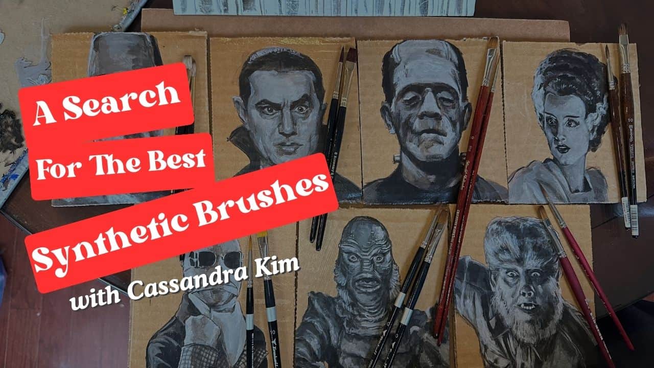 Portraits of famous characters painted with synthetic brushes, showcasing detailed black and white artwork on cardboard, emphasizing art techniques in portrait painting and mixed media art.