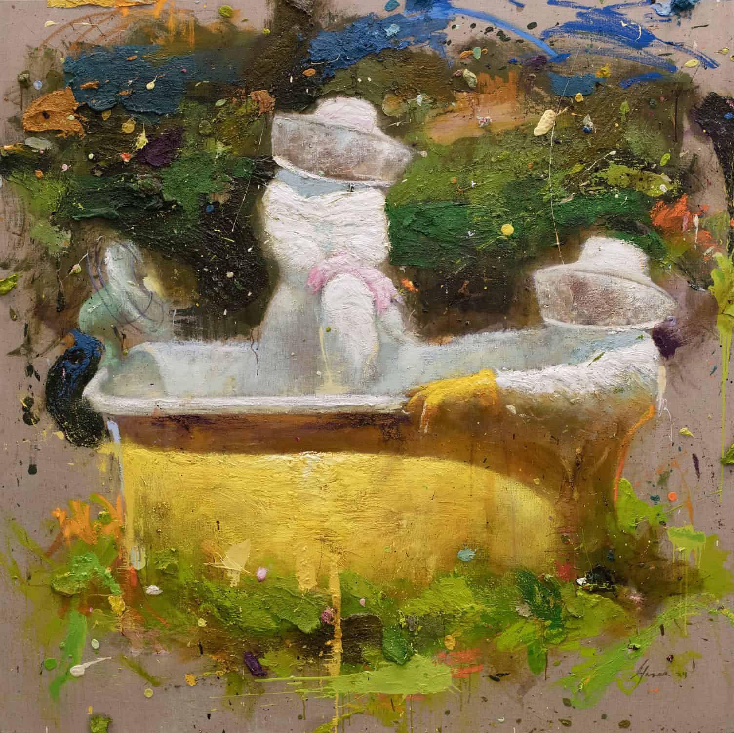 Vivid abstract painting of a still life scene, featuring a yellow pot with three white teapots, lush greenery background, and expressive brushstrokes with splashes of vibrant paint, embodying contemporary art.