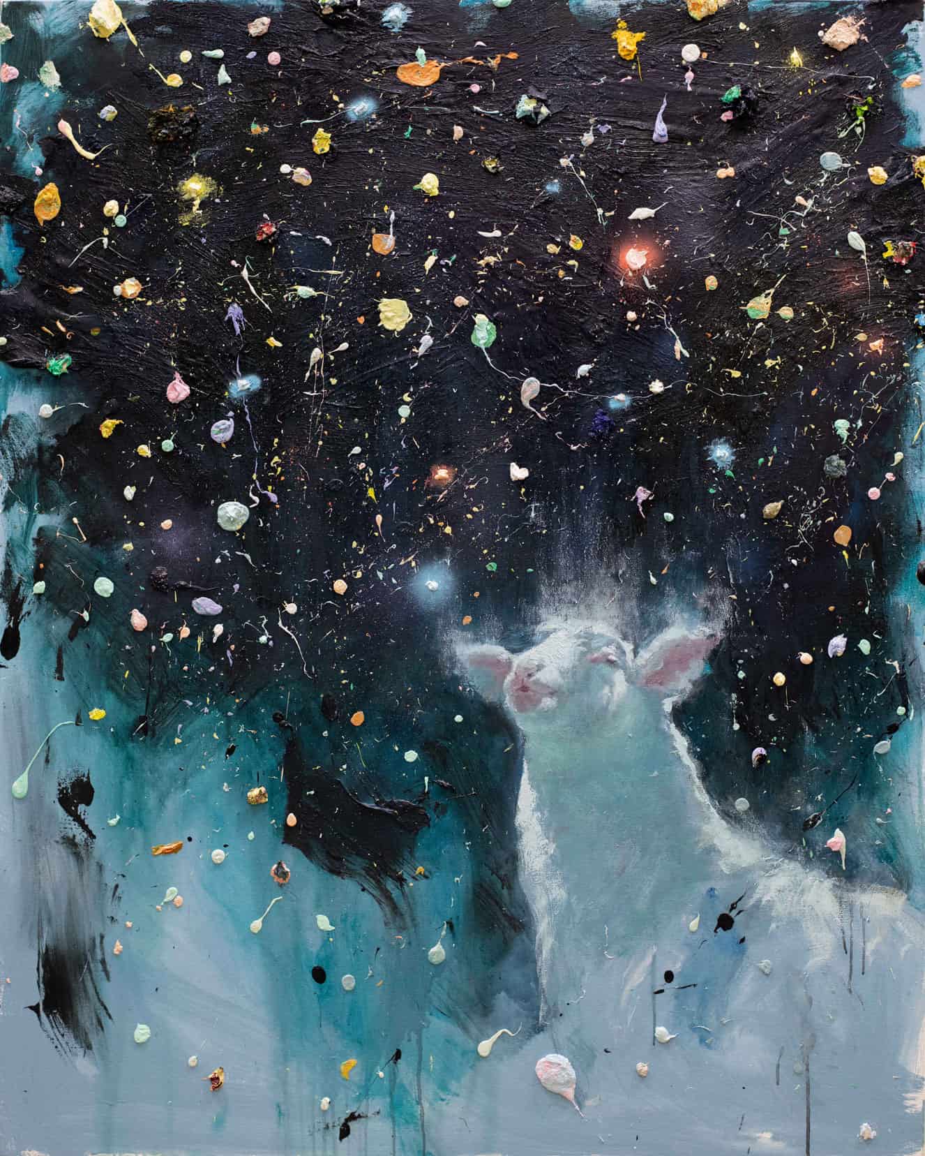Vibrant abstract painting featuring a cosmic scene with a cosmic splash of colors, textures, and a white cat at the bottom, emphasizing contemporary art and creative expression at Visual Arts Passage.