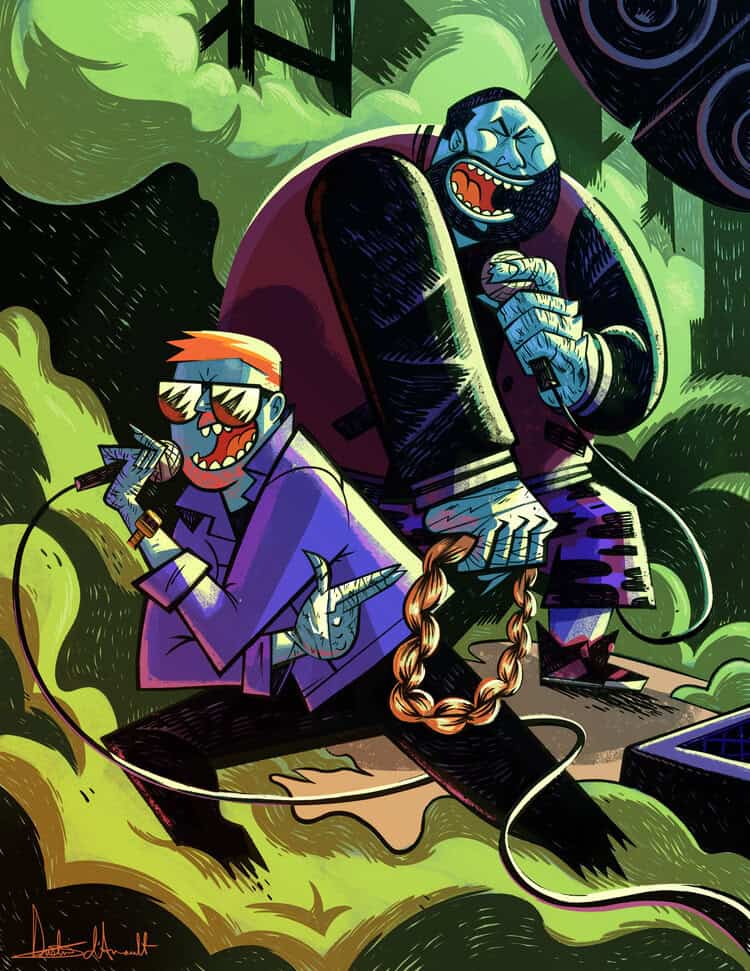 Hip hop art, urban mural, graffiti illustration, modern street art, visual arts passage, vibrant music scene, dynamic characters, storytelling in art, contemporary art style, energetic artwork.