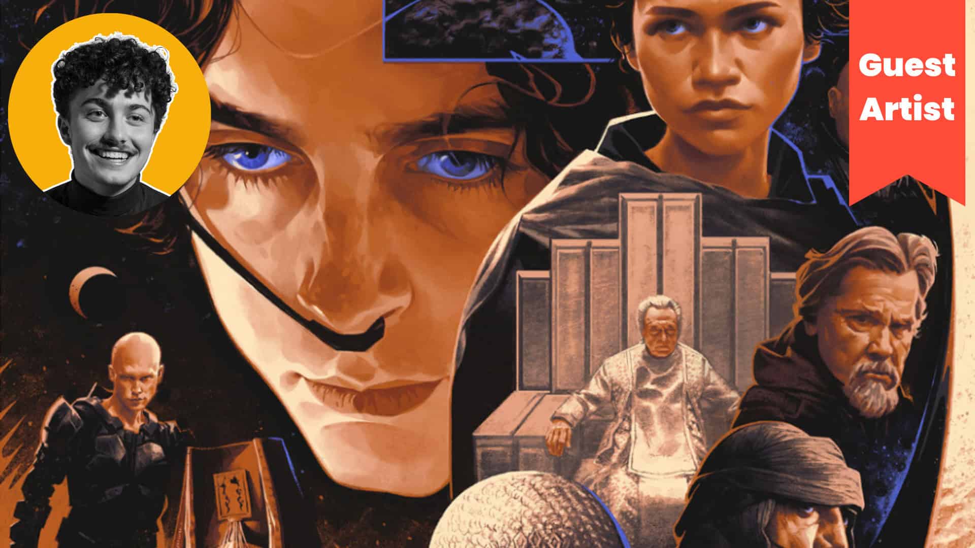 Vibrant digital collage showcasing diverse artwork by guest artists at Visual Arts Passage, featuring expressive portraits, futuristic themes, and innovative visual art pieces.