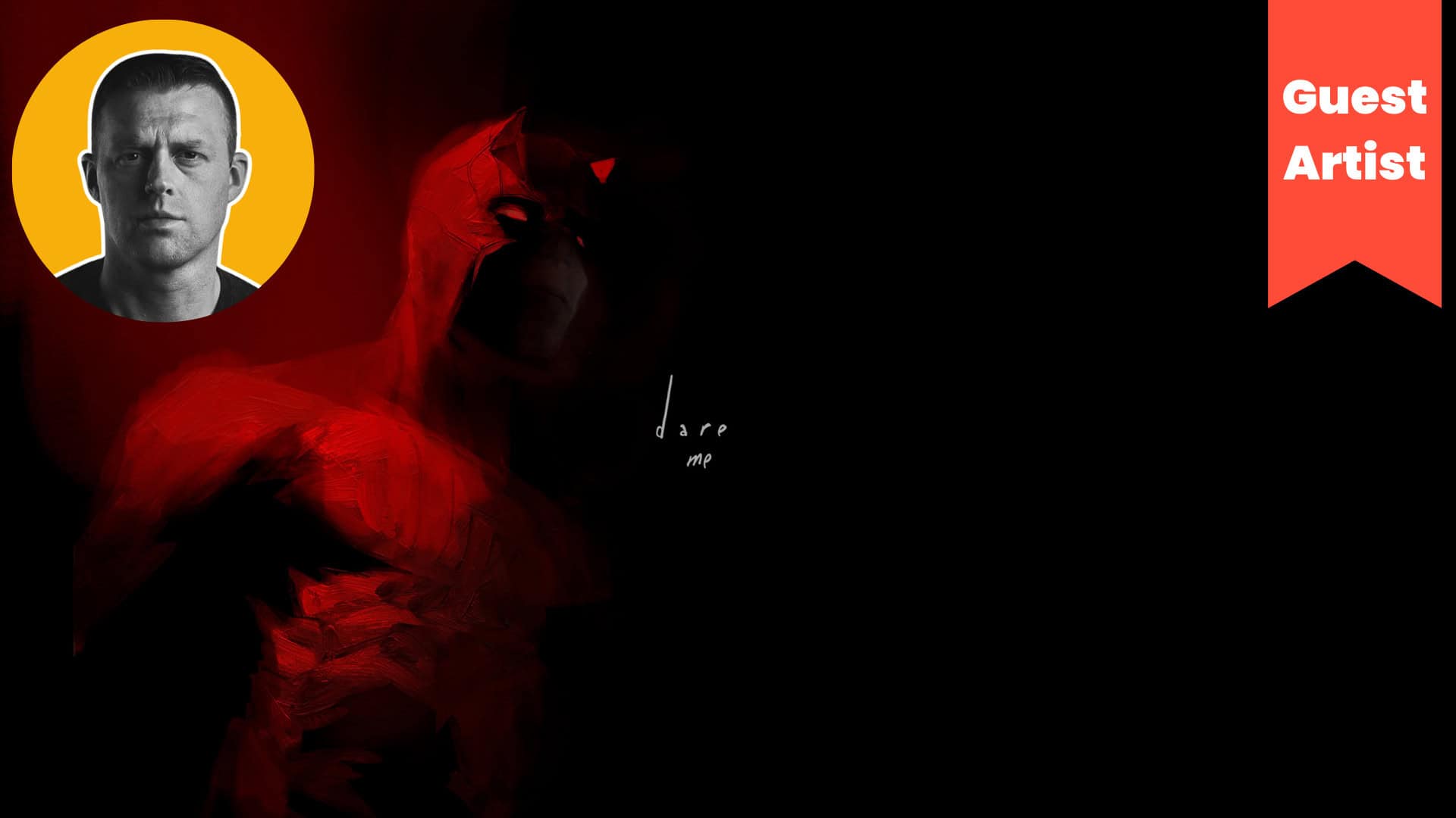 Bold image of a male figure wearing a red hooded garment, with a dark background and the words "dare me" in white;-modern abstract portrait emphasizing artistic expression and creativity.
