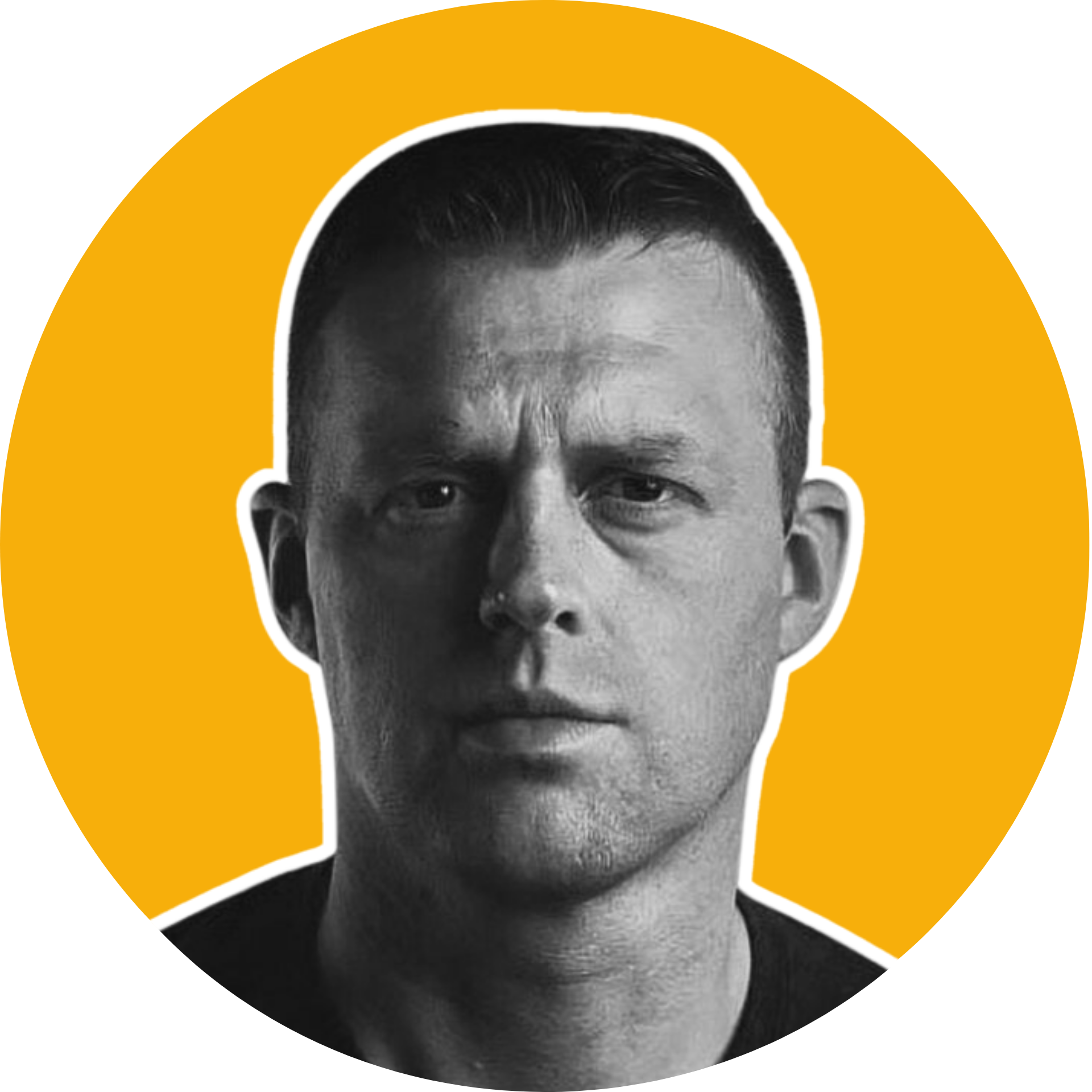 Stark black and white portrait of a man with an intense expression, set against a bold yellow circular background, highlighting modern portrait photography and artistic expression.