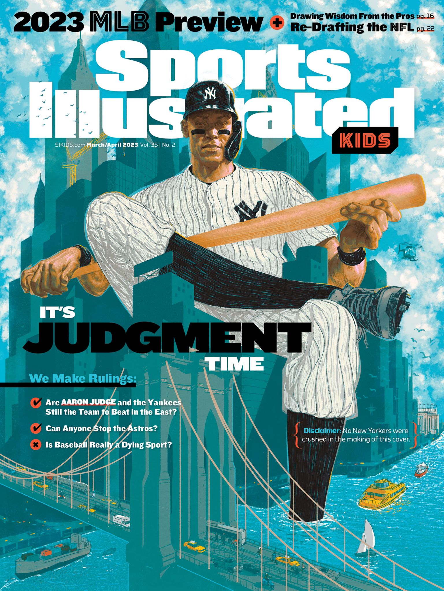 Sports illustrated kids magazine cover featuring baseball player with city skyline in the background, highlighting youth sports, baseball, and urban sports culture.