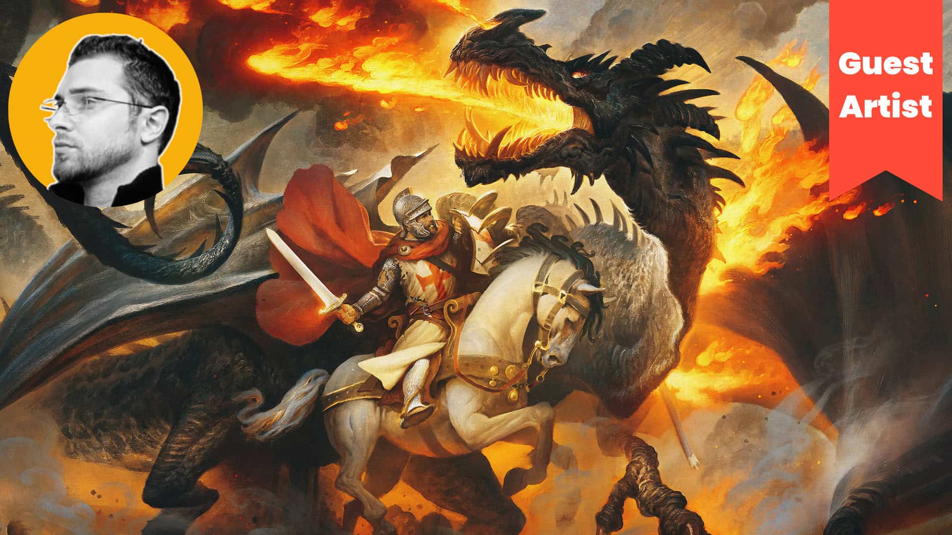 Vivid fantasy battle scene with a knight on horseback fighting a giant dragon amidst fiery explosions, showcasing dynamic artwork and imaginative storytelling.