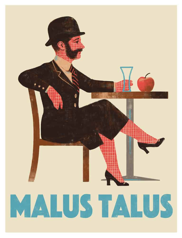 A vintage illustration of a man in a suit, hat, and heels sitting at a table with an apple and glass of water, in a retro art style.
