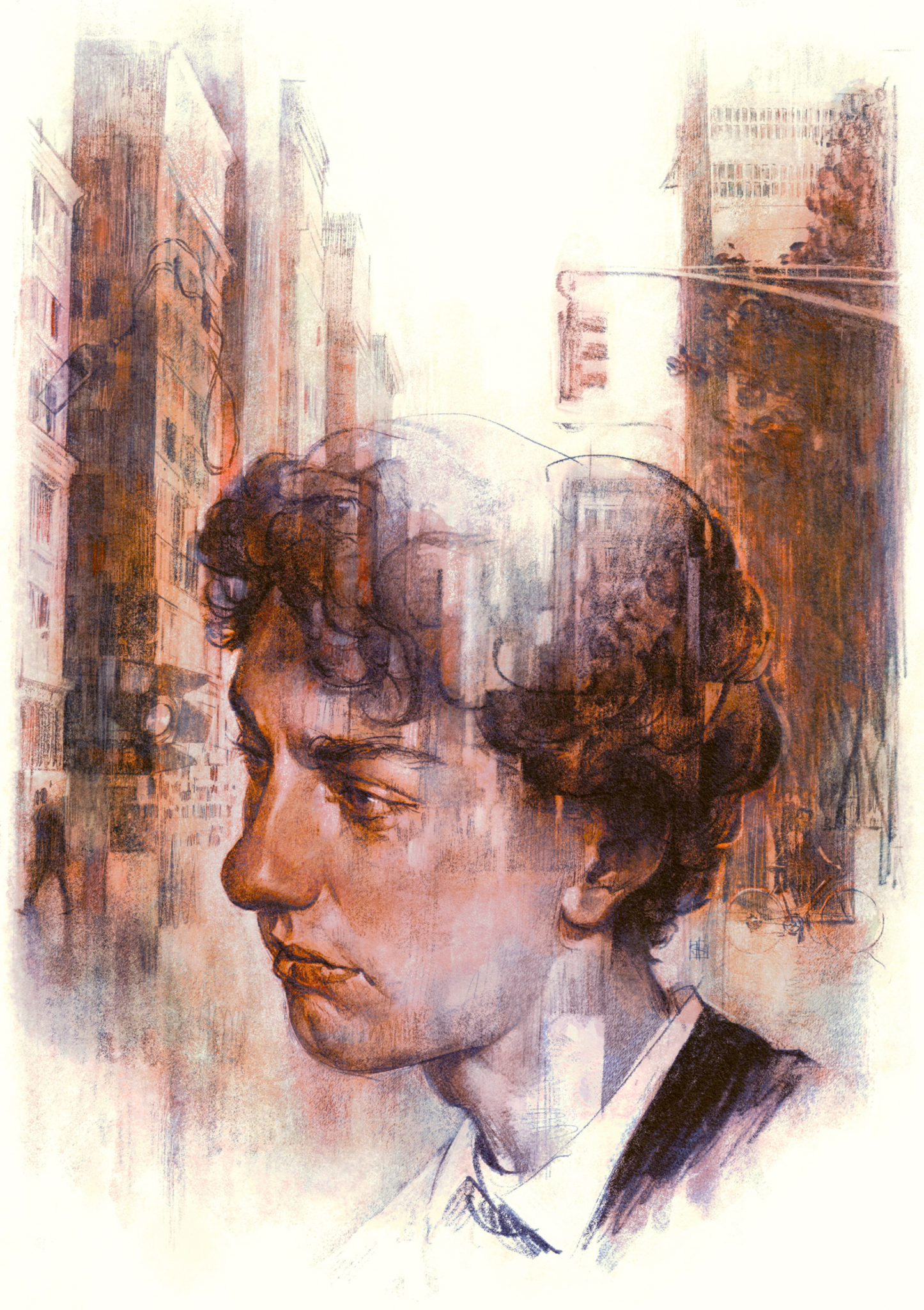 Elegant portrait of a young man with curly hair against an urban cityscape background, blending fine art realism with abstract city textures, emphasizing contemporary art and portrait painting.