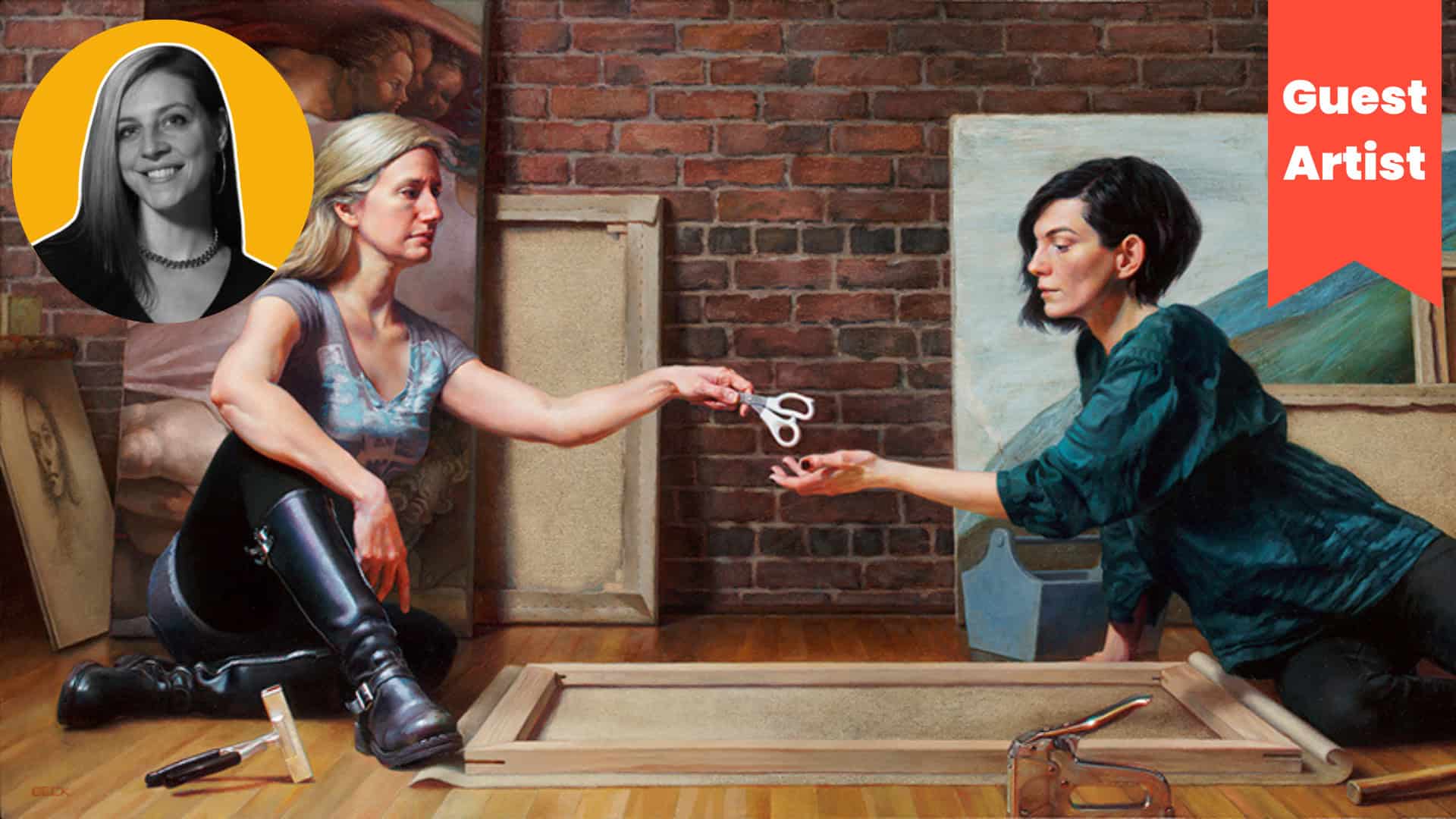 Scissor exchange artwork at art studio, contemporary artist creating installation, creative process visual arts passage acrylic painting, modern art scene with textured brick wall background.