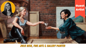 Elegant black and white portrait of a smiling woman with long hair, wearing a necklace and hoop earrings, against a vibrant yellow background, representing artistic expression and creativity.