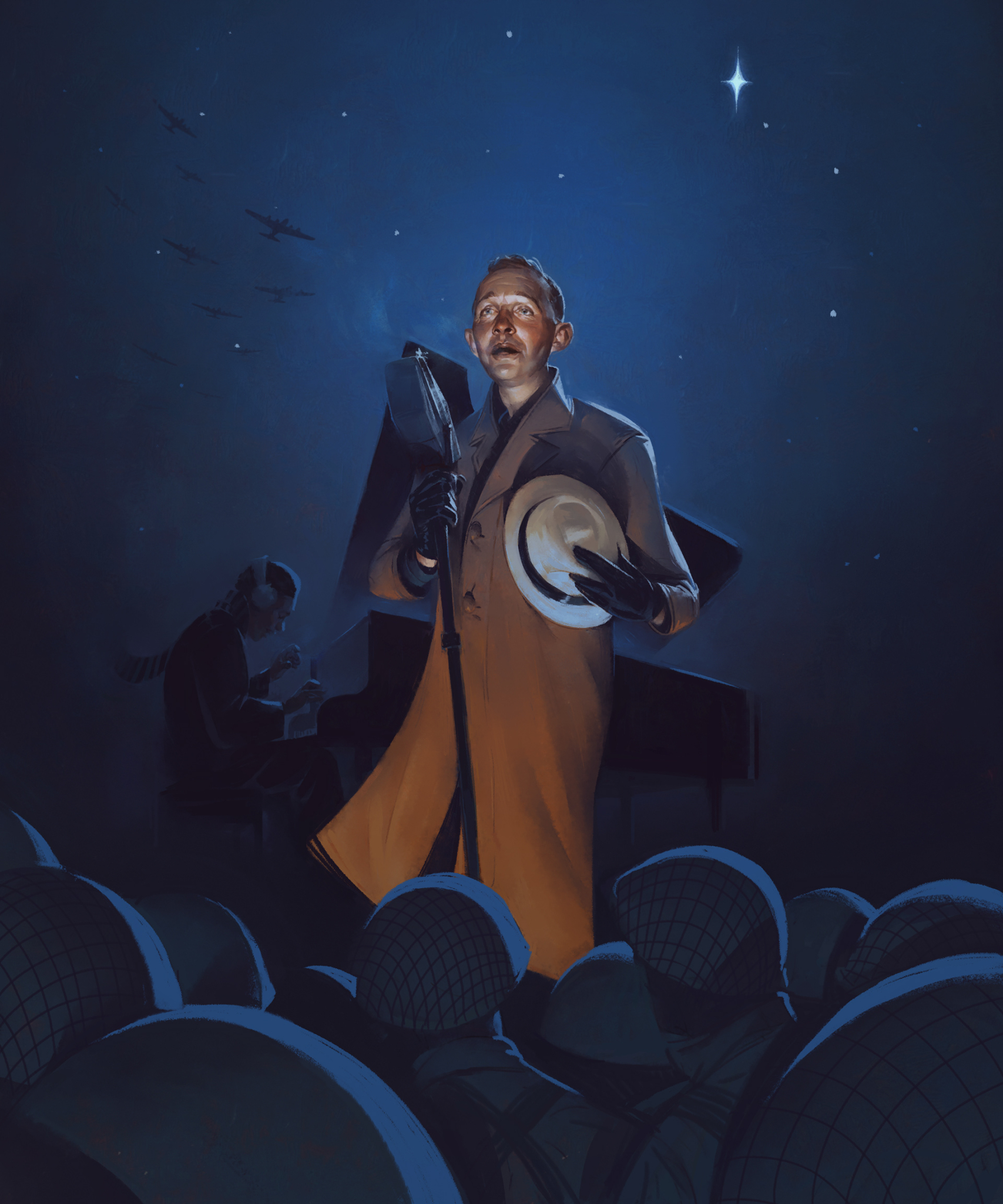 Digital art representing a theatrical scene with a male performer in a trench coat holding a hat and glove, set against a starry night sky featuring planes and celestial bodies, emphasizing artistic expression and creative storytelling.