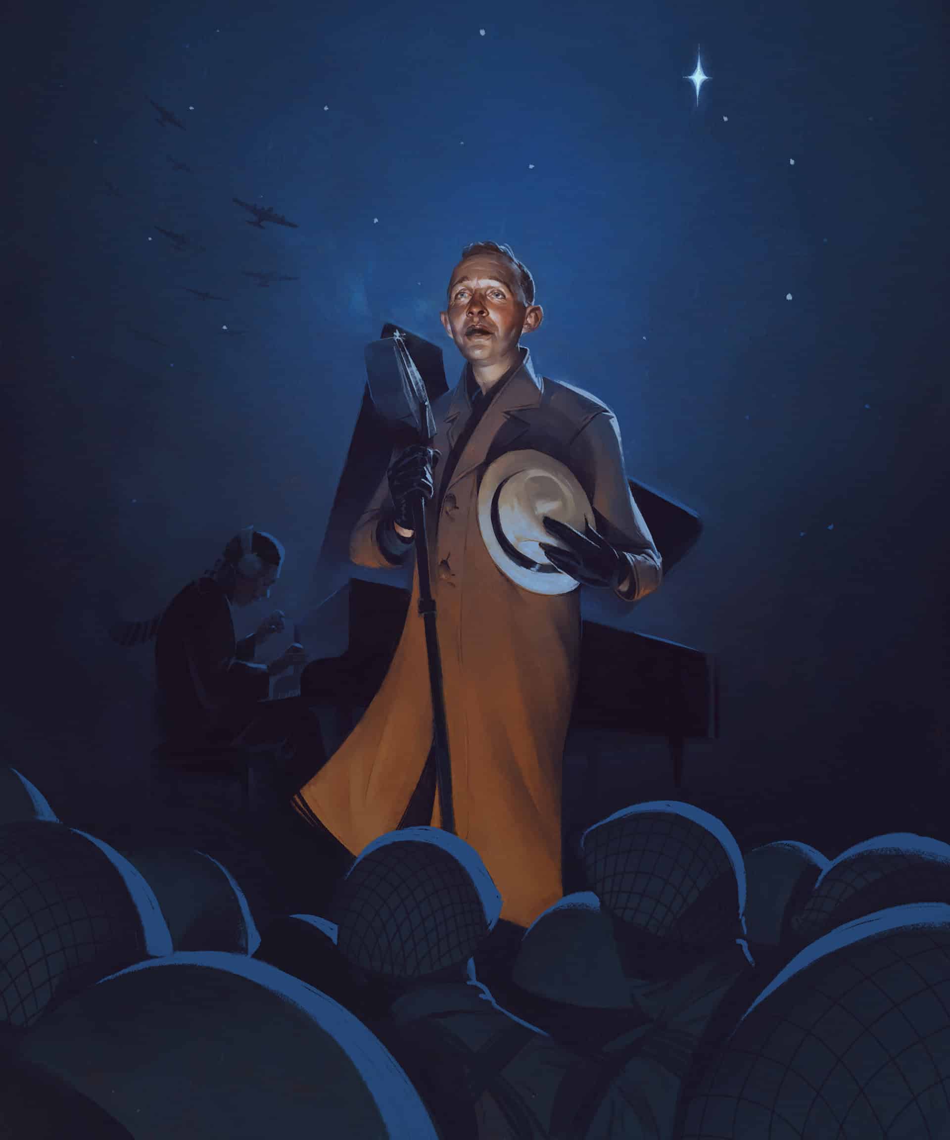 Digital art representing a theatrical scene with a male performer in a trench coat holding a hat and glove, set against a starry night sky featuring planes and celestial bodies, emphasizing artistic expression and creative storytelling.
