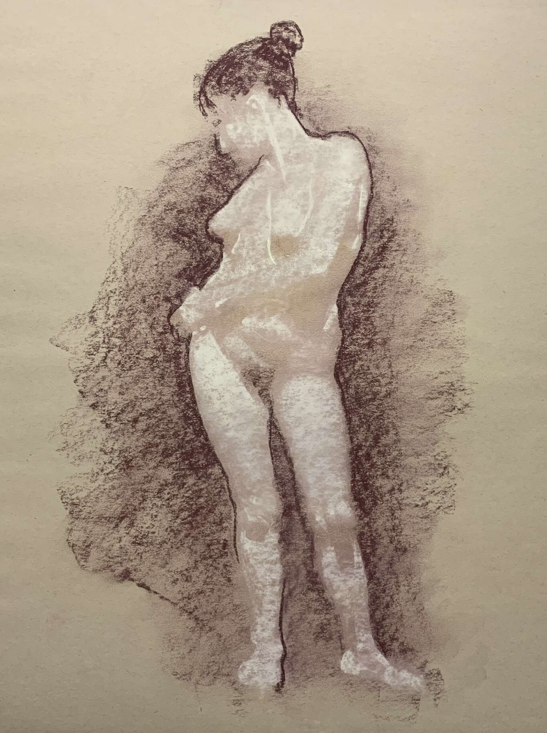 Elegant nude figure drawing of a woman with her head bowed, captured in soft pastel tones, emphasizing artistic beauty and human form.
