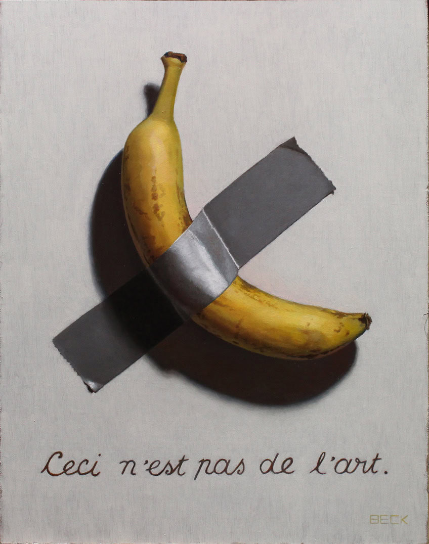 Banana art installation with silver tape, emphasizing the phrase "Ceci n'est pas de l'art" (This is not art) in a contemporary mixed media artwork.