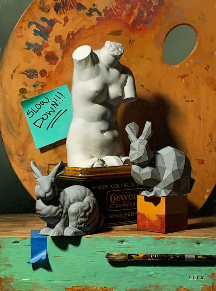 Sculptural art featuring classical and modern animal and human forms arranged on an artist's palette background.