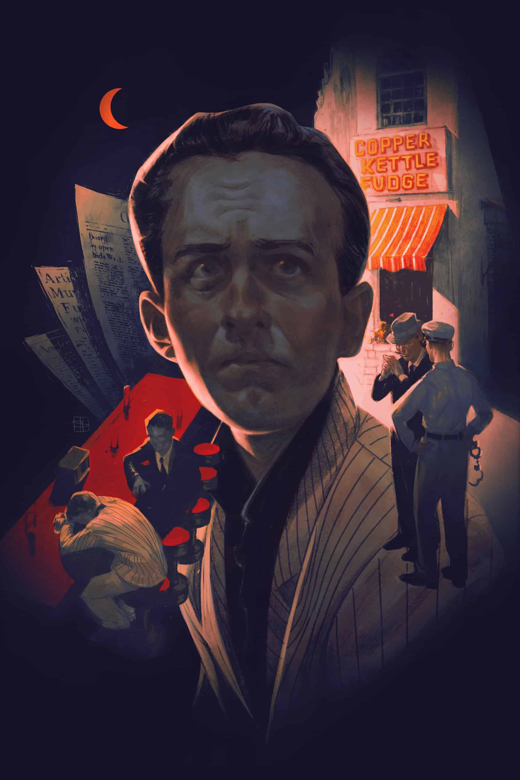 Moody vintage poster art of actor Gregory Peck in a sepia tone, classic film noir style, with police officers and a newsstand in the background, evoking mid-century cinematic atmosphere, during nighttime in an urban setting.