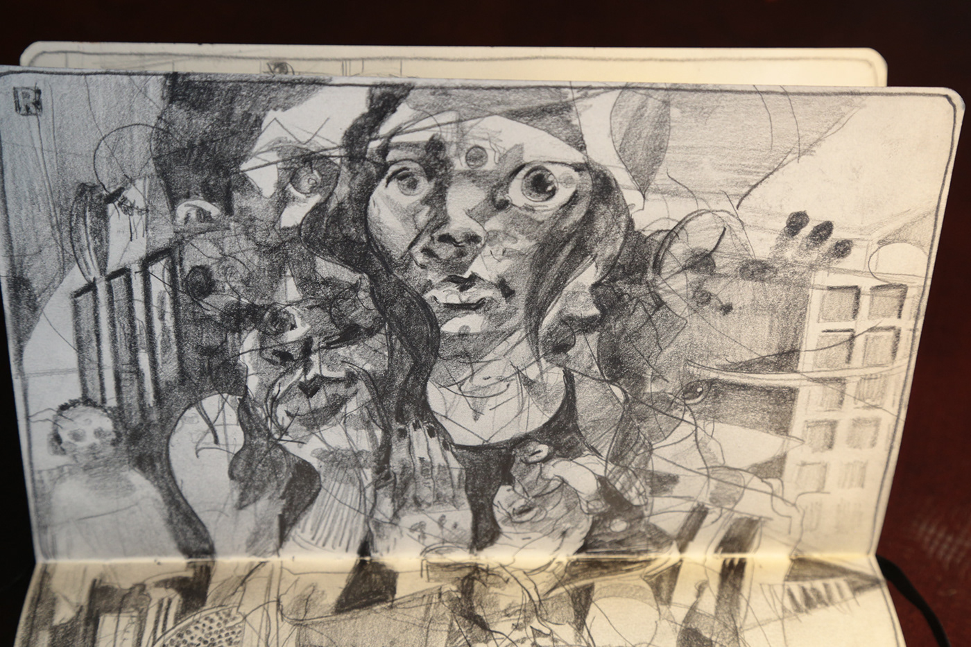 A detailed pencil sketch of a woman with expressive eyes and flowing hair, with layered abstract and realistic elements in the background, showcasing contemporary art and drawing techniques.