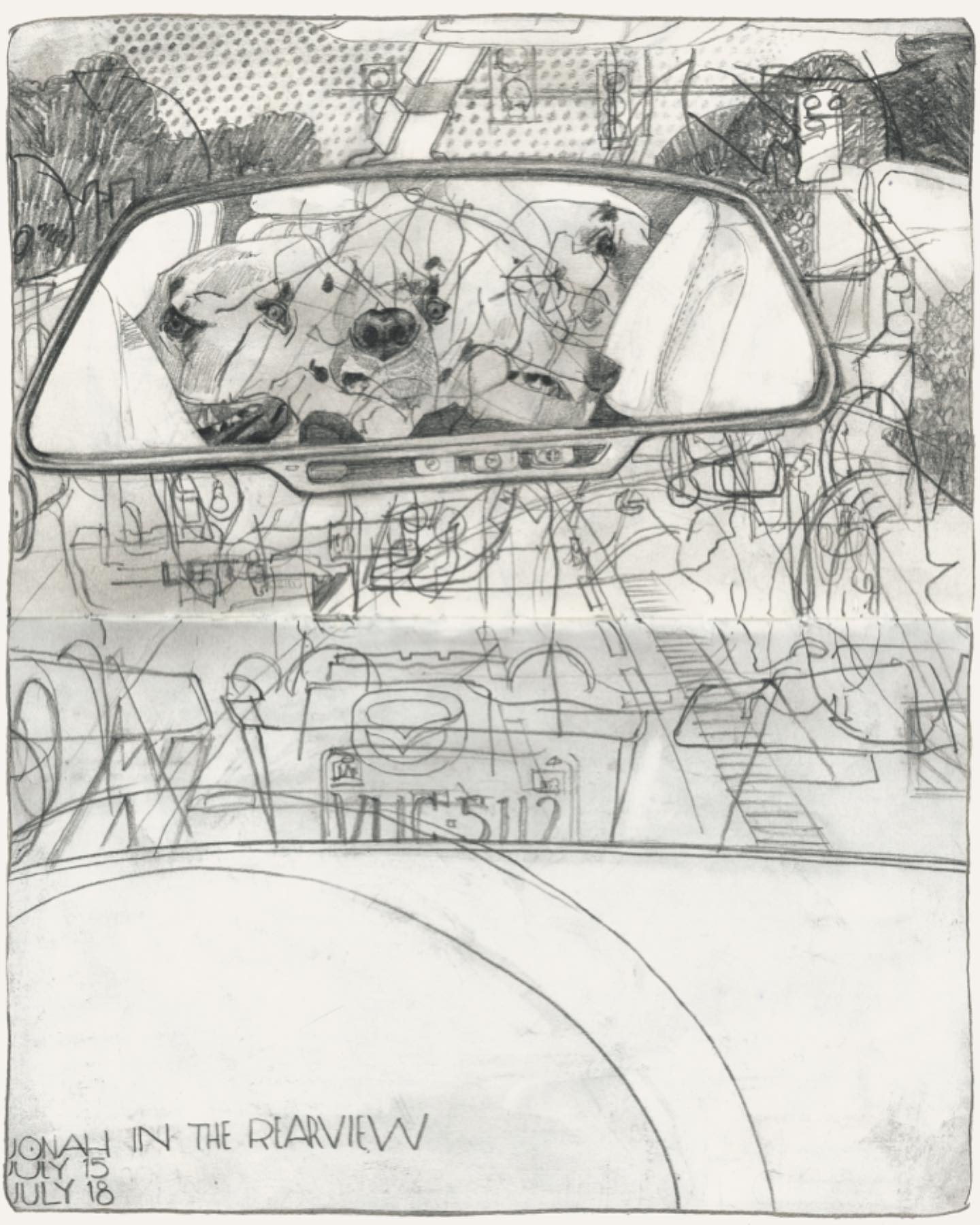 A detailed sketch of a dog seen through a car's rearview mirror, with interior and dashboard elements visible, capturing an artistic expression of pet companionship in everyday life.