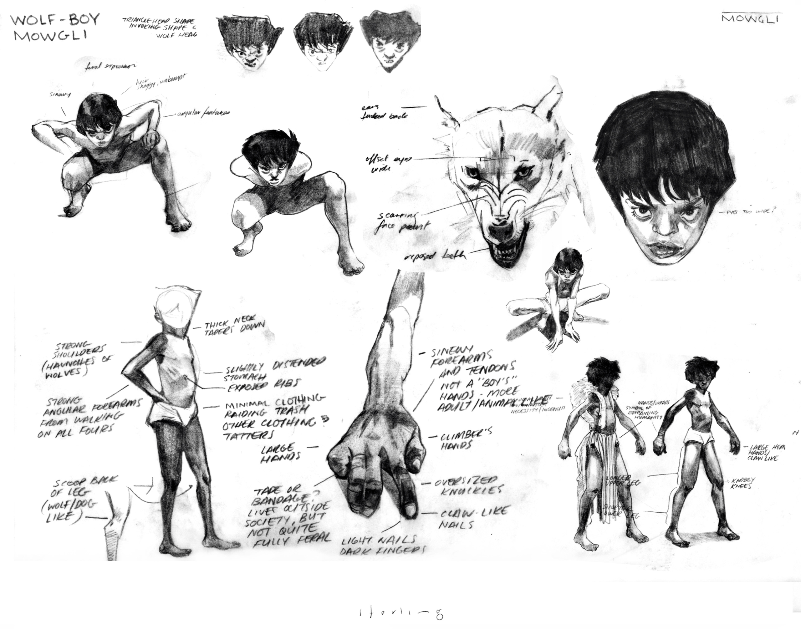 Wolf-boy character design sketch with detailed annotations, showcasing various poses, facial expressions, and costume notes for visual arts and illustration projects.