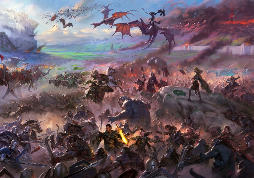 Clash of fantasy armies featuring dragons, knights, and mythical creatures in an epic battle scene with vibrant skies and dramatic action.
