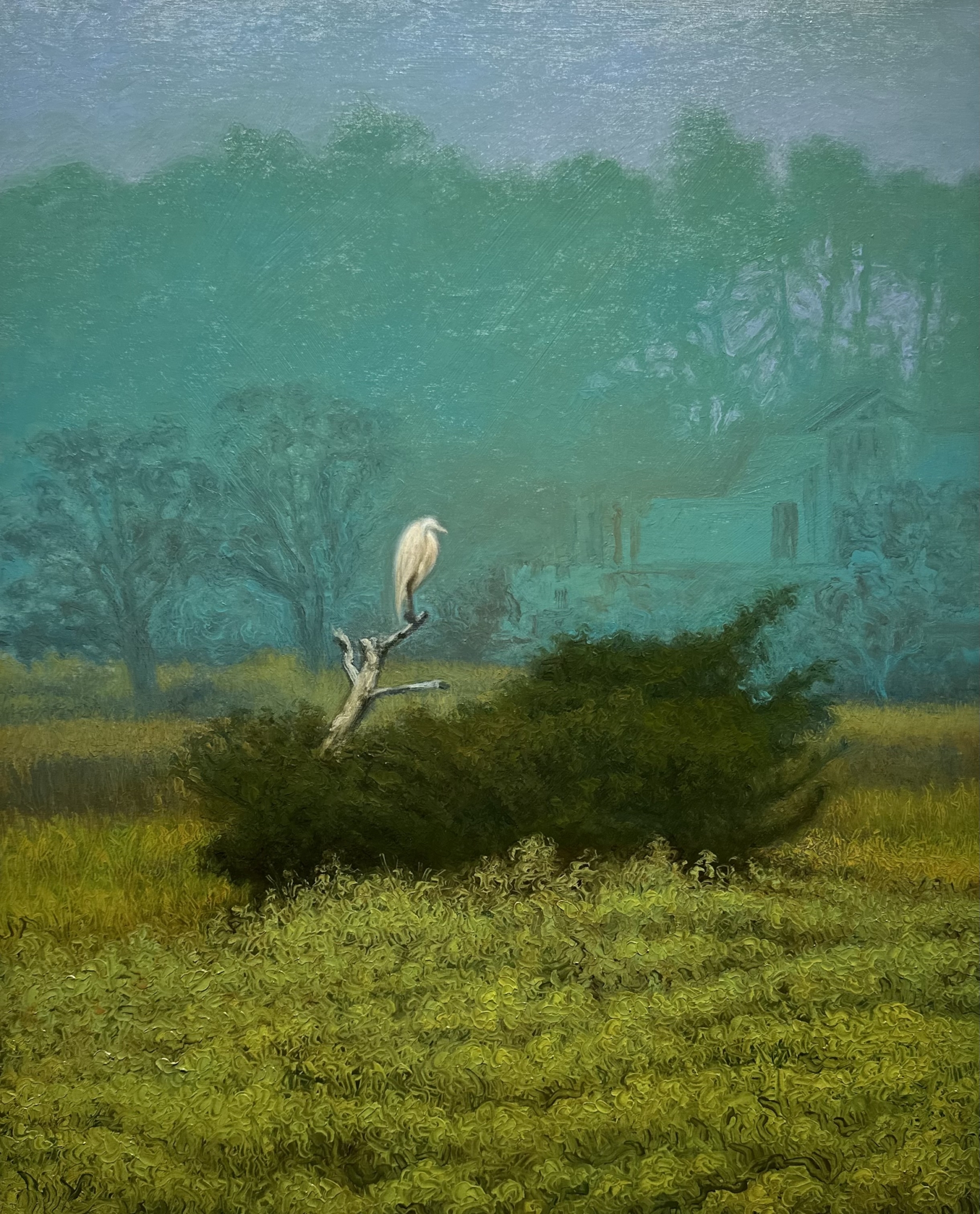 A serene landscape painting featuring a white heron perched on a leafless tree branch amidst lush green foliage, with a background of misty blue-green mountains and trees, capturing nature's tranquility.