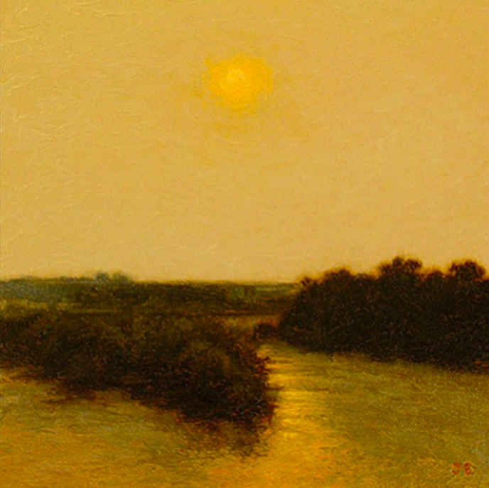Golden sunset over a peaceful river landscape in an impressionist style, emphasizing nature and tranquil scenery.