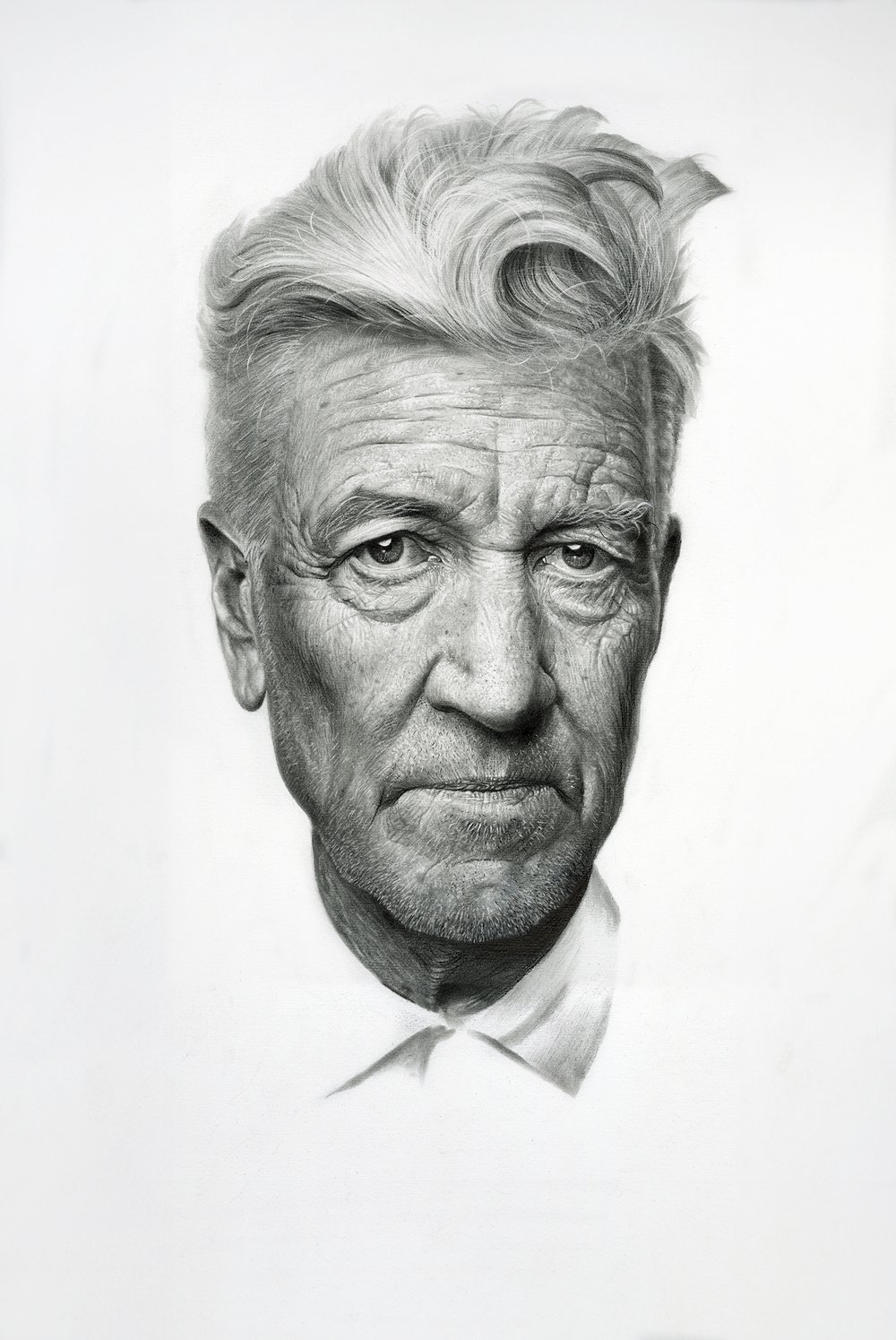 Aged, realistic pencil portrait of an elderly man with detailed facial features, showcasing wrinkles, expressive eyes, and textured hair, as part of fine art portrait collection.