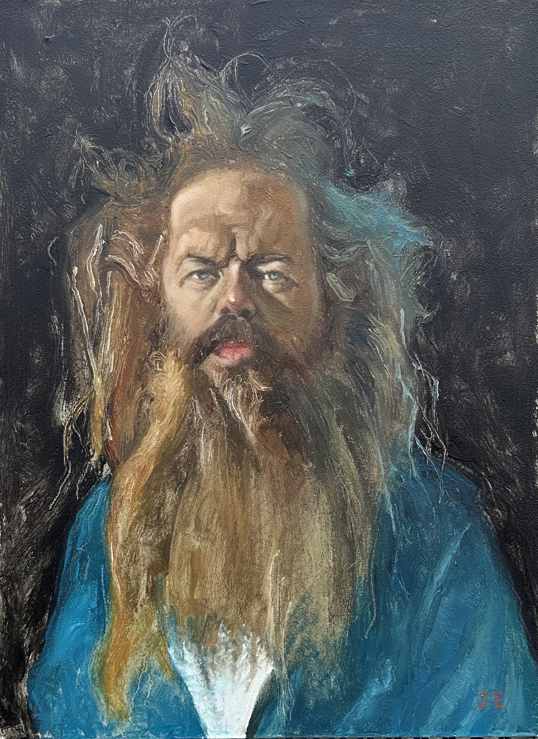 Vivid oil painting of a wise, bearded man with long hair, hand resting on face, intense expression, against dark background, reflecting profound emotion and artistic mastery in portrait art.