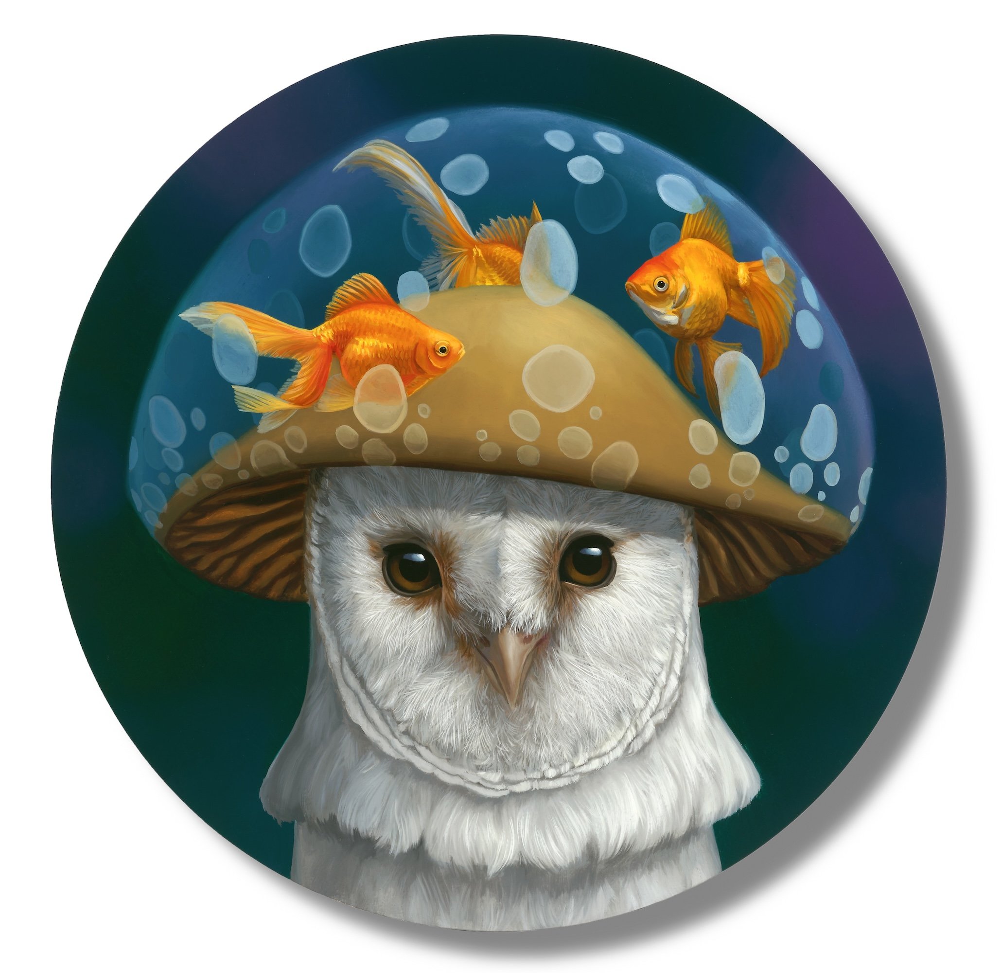 Goldfish swimming inside a mushroom-shaped underwater scene with an owl's face, blending aquatic life and forest elements for surreal artistic expression.