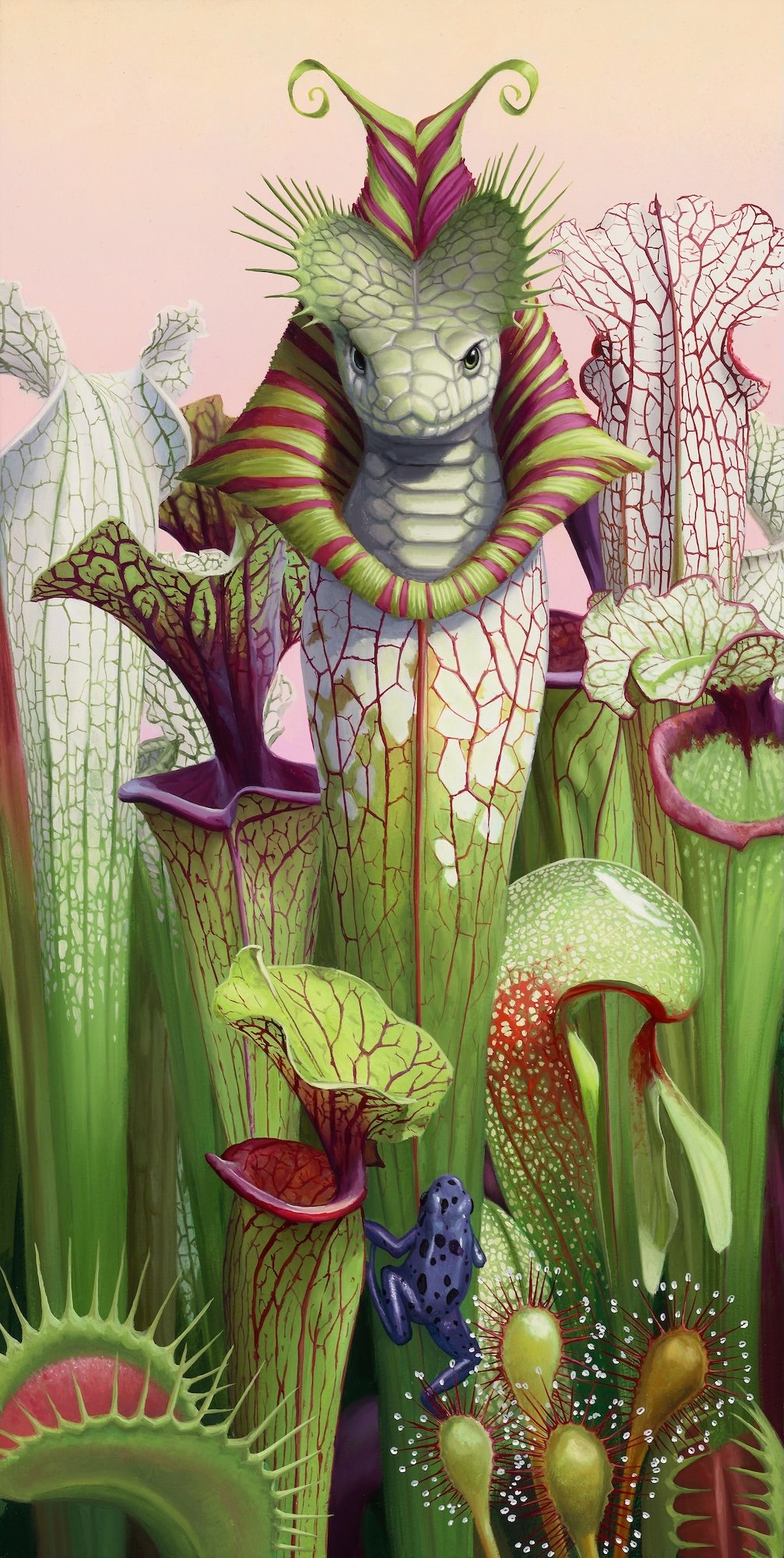 Neon Green and Purple Carnivorous Plants with a Small Blue and Black Frog and a Dinosaur-Like Creature in Nature Scene.