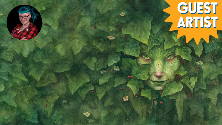 Vivid green ivy-covered mural featuring a mysterious face peering through leaves, showcasing talented guest artist work at Visual Arts Passage.