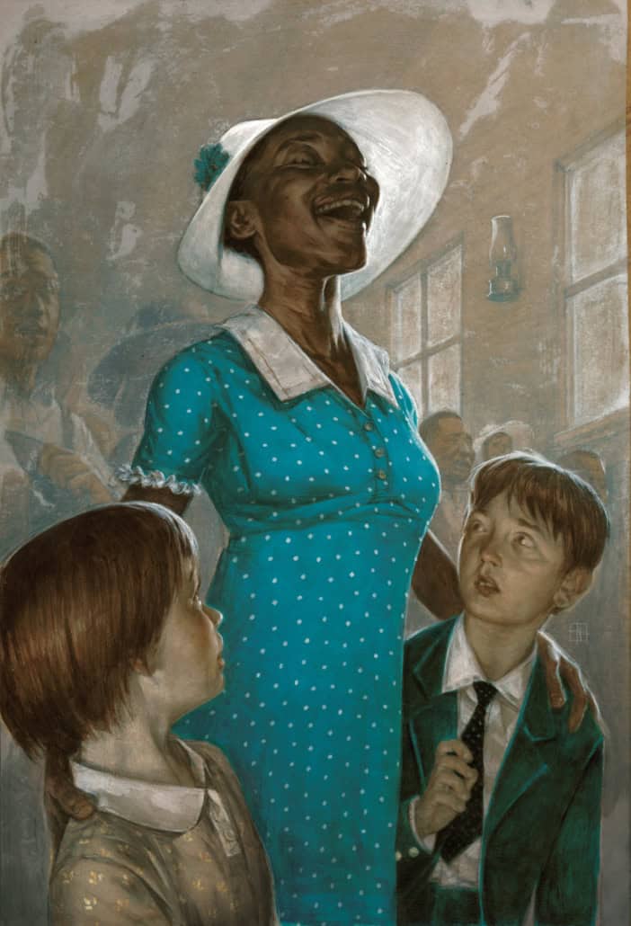 Vivid mural of a joyful elderly woman in a wide-brimmed hat, surrounded by two children, in a lively indoor setting, showcasing vibrant colors and expressive artistry, emphasizing themes of family, happiness, and community.