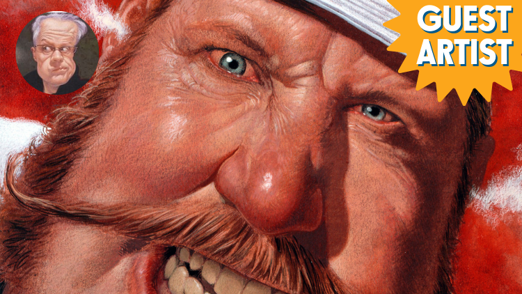 Greeting card art featuring a humorous, close-up portrait of Santa Claus with a playful expression and detailed facial features, highlighting festive holiday artwork for visual arts exhibitions.