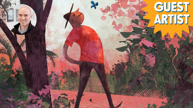 Vibrant watercolor artwork by guest artist at Visual Arts Passage featuring abstract figures and nature-inspired scenery in warm pink and green tones.