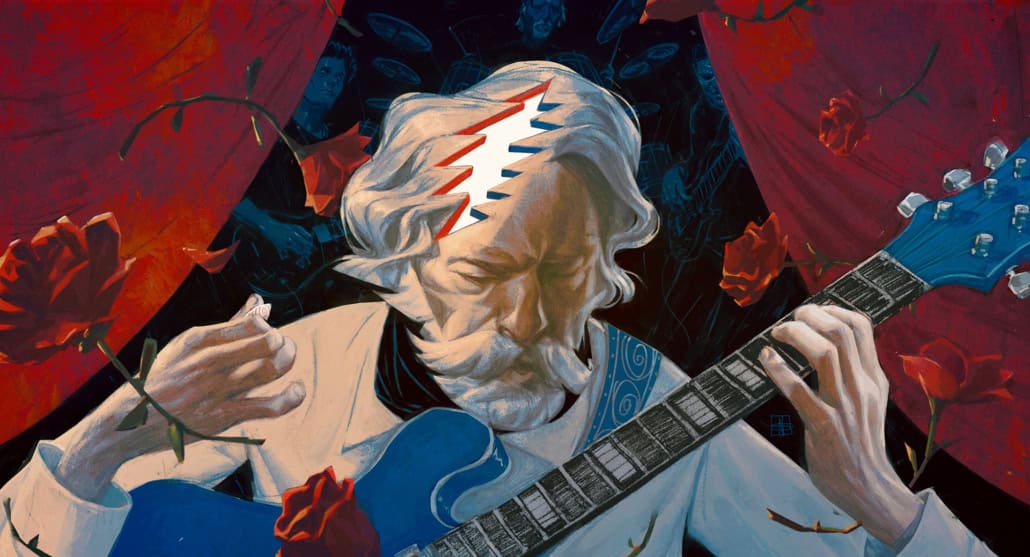 Vivid painting of an elderly man with long gray hair playing an electric guitar surrounded by roses, blending pop art and contemporary styles, emphasizing musical creativity and artistic expression.