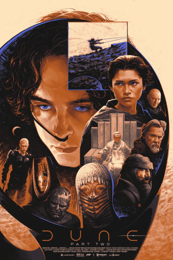 Clara in Dune Part Two, featuring intense character portraits and sci-fi elements from the movie poster. Visually striking with detailed imagery and futuristic themes.